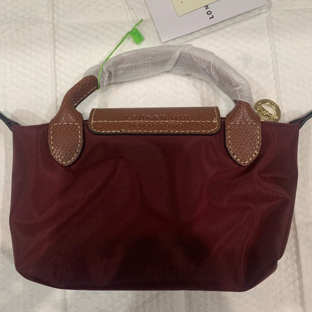 Longchamp small top-handle mini tote in burgundy with brown flap - Picture 2 of 4
